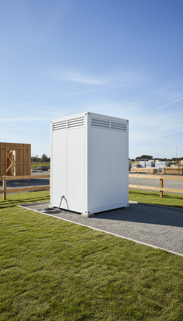 Moderne mobiele WC-cabine met ventilatie en slot, schoon en hygiënisch ontwerp