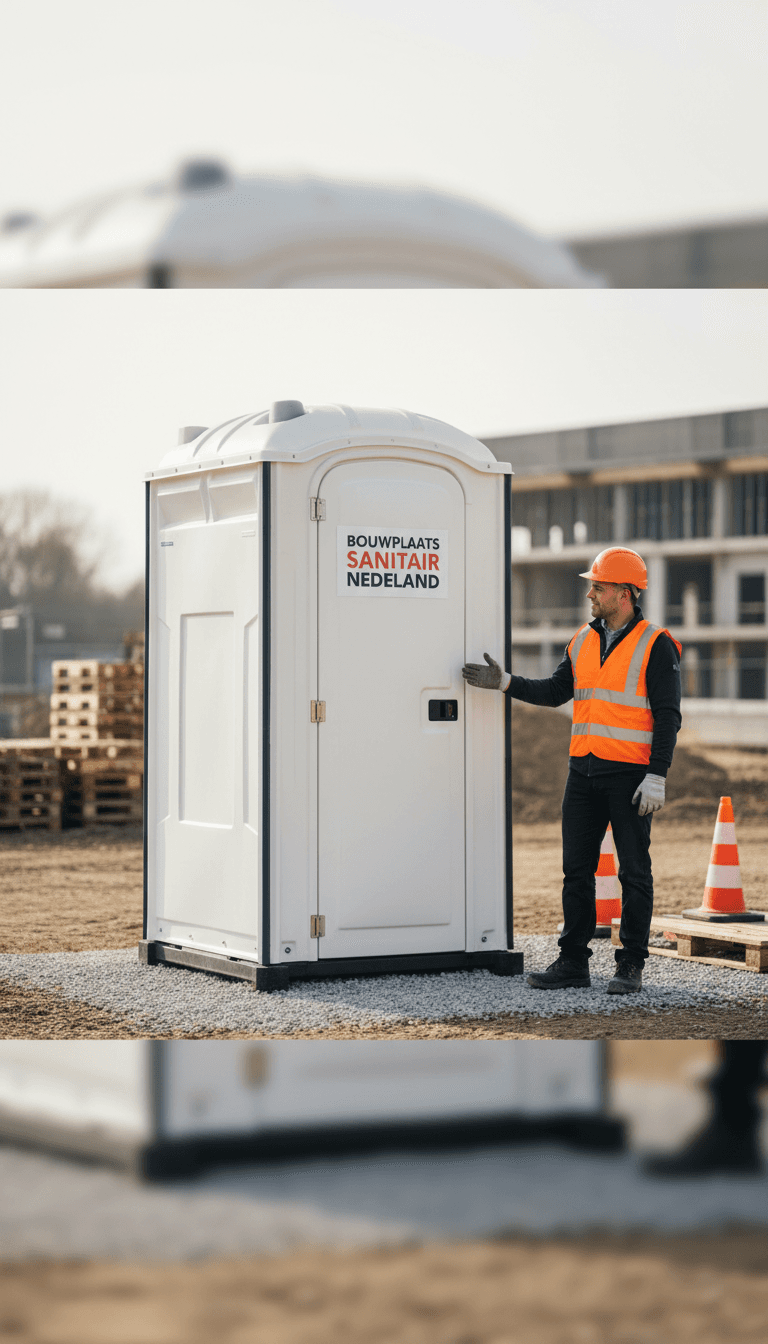 Professioneel geïnstalleerde mobiele WC-cabine op bouwlocatie met inspectie